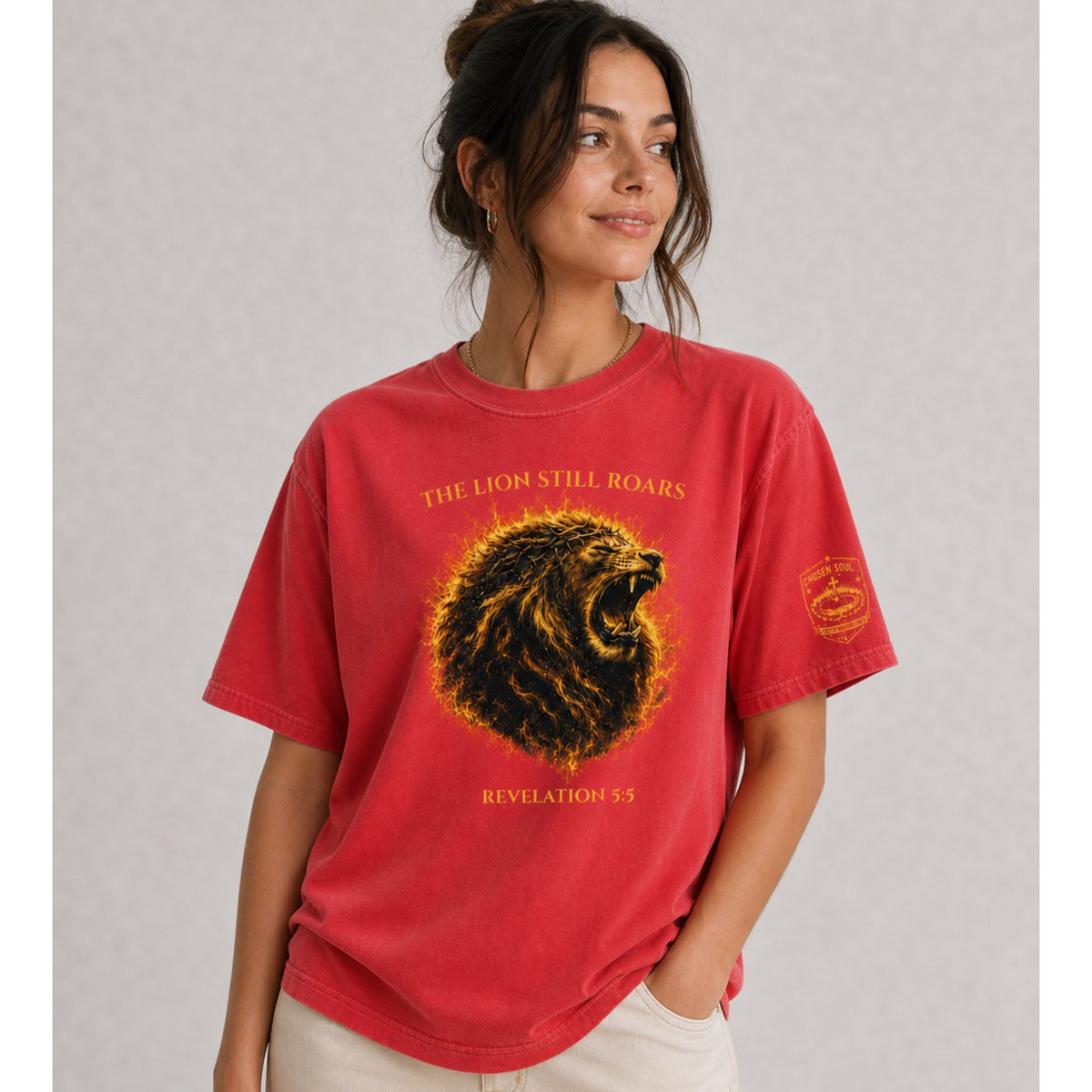 Black, Pepper, and Red The Lion Still Roars Revelation 5:5 Christian T-shirts displayed together
