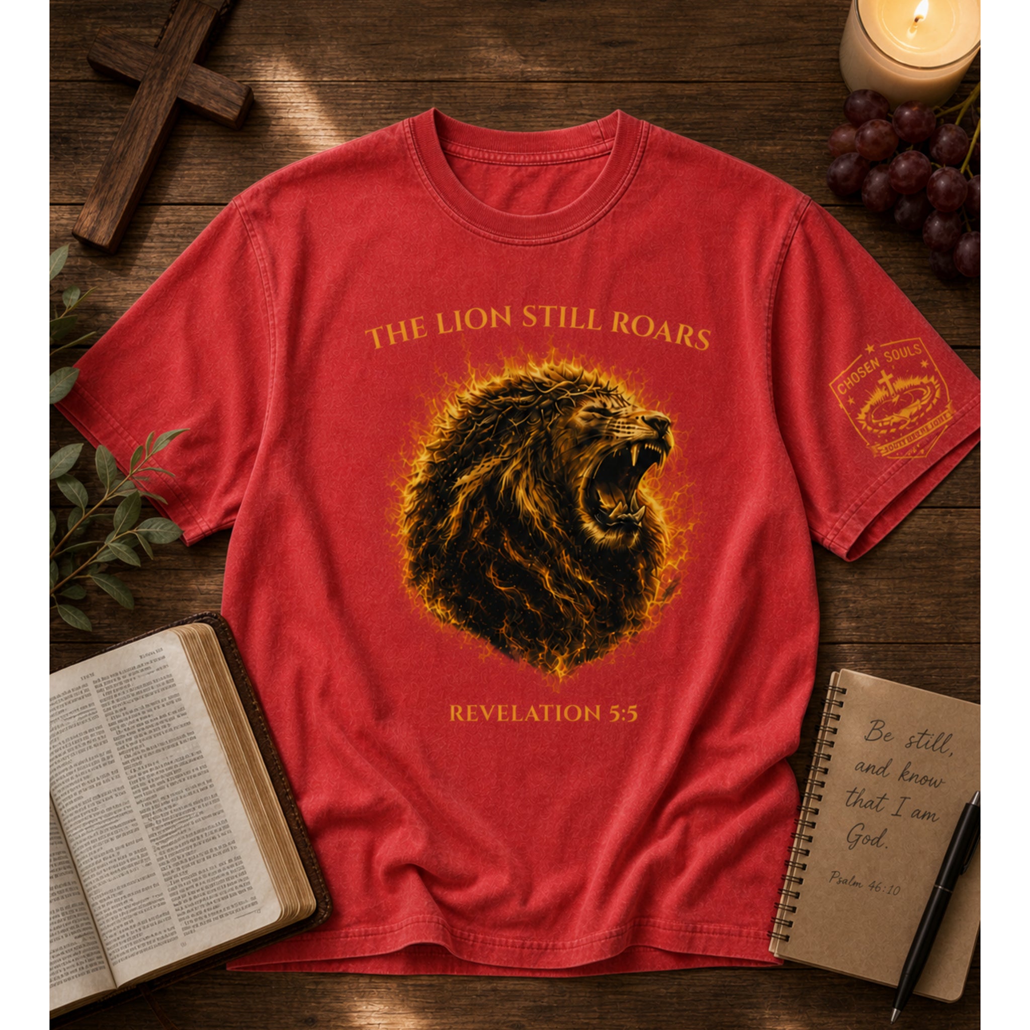Pepper The Lion Still Roars Revelation 5:5 Christian T-shirt lifestyle flat lay with Bible, compass, and journal