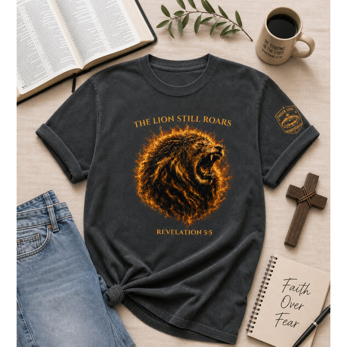 Man wearing a red The Lion Still Roars Revelation 5:5 Christian T-shirt in an urban setting