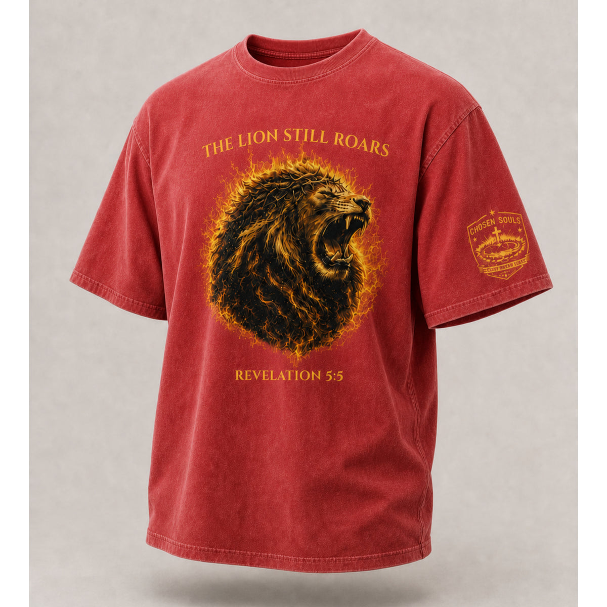 Black The Lion Still Roars Revelation 5:5 Christian T-shirt lifestyle flat lay with Bible and journal