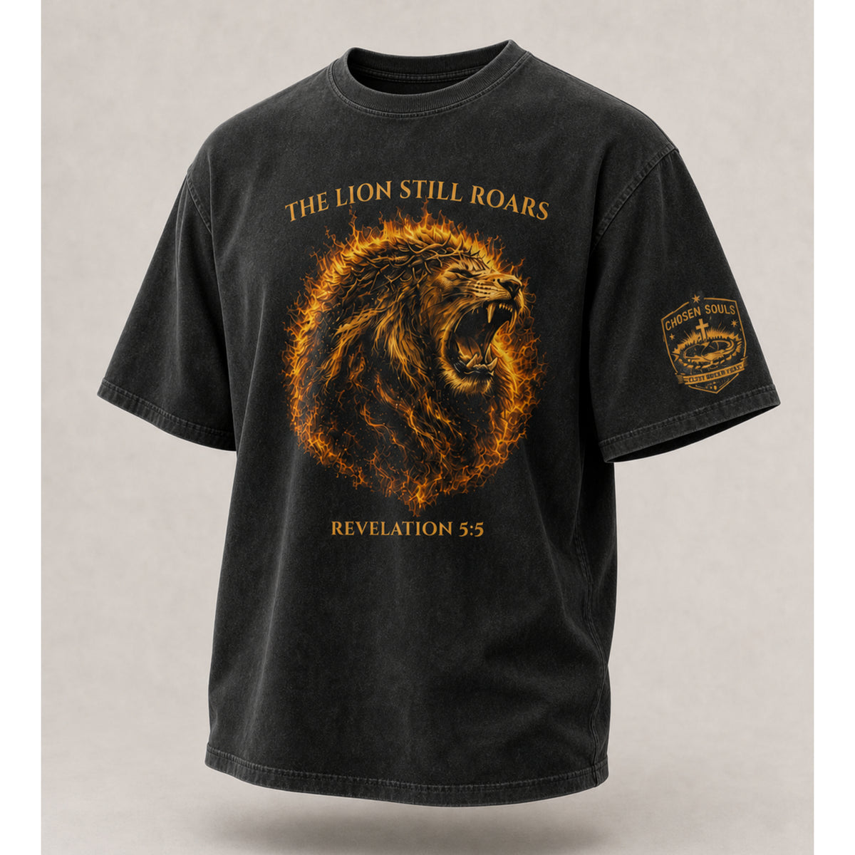 Man wearing a black The Lion Still Roars Revelation 5:5 Christian T-shirt outdoors