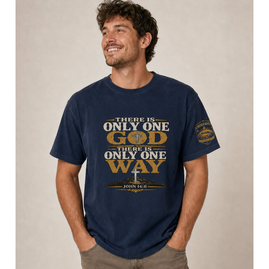 There Is Only One Way John 14:6 Christian T-shirt featuring cross and mountain artwork