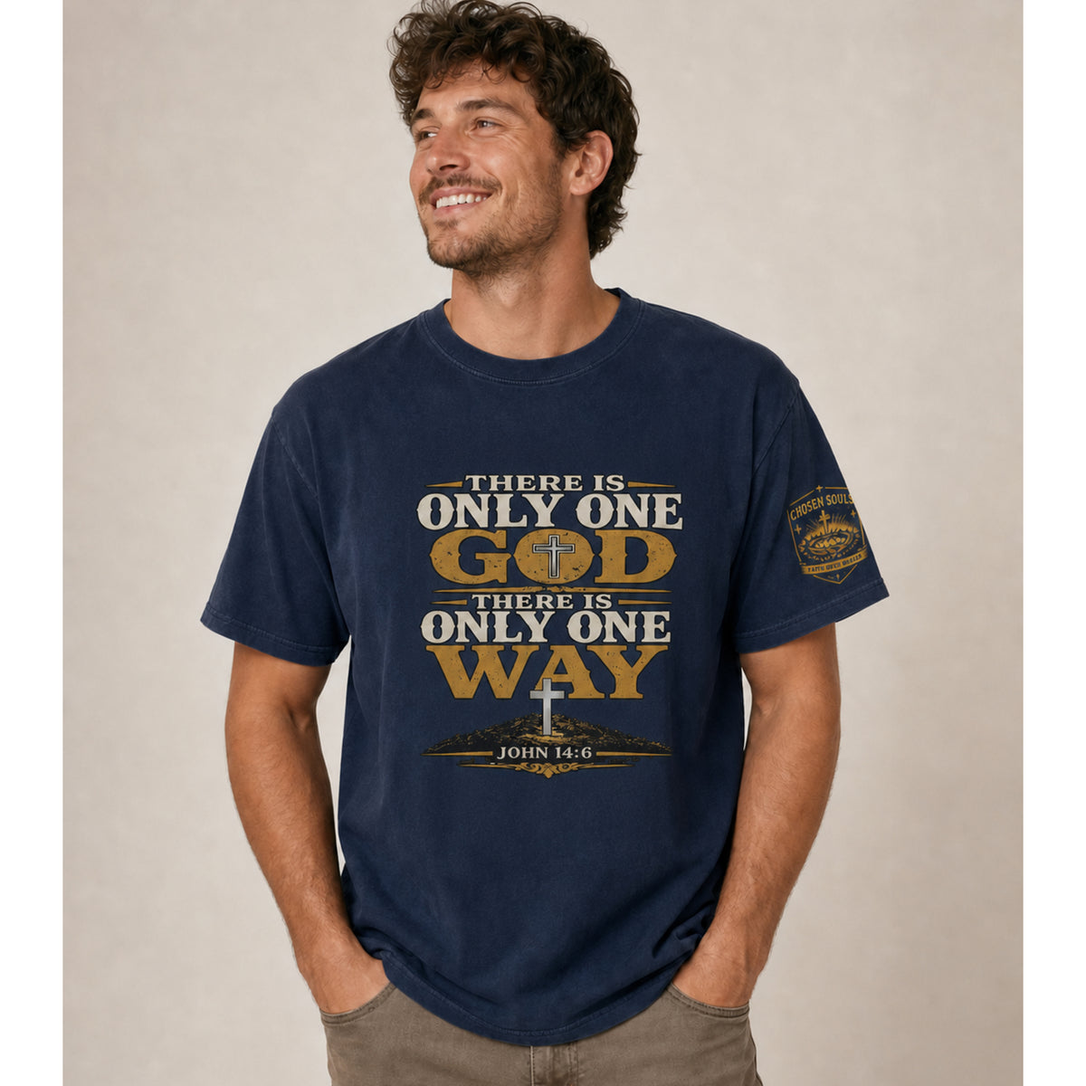 There Is Only One Way John 14:6 Christian T-shirt featuring cross and mountain artwork