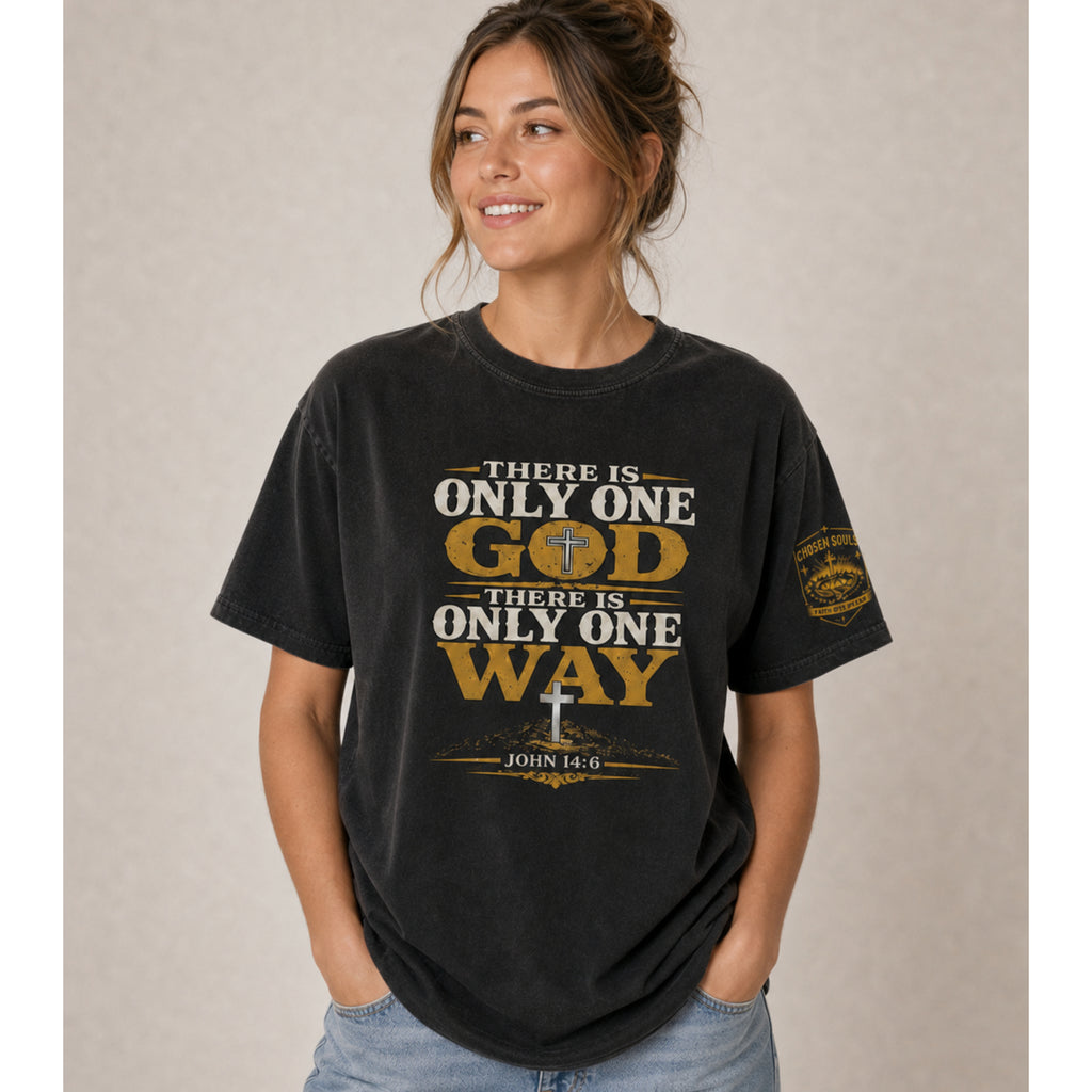 There Is Only One Way John 14:6 Christian T-shirt with a bold cross-centered design