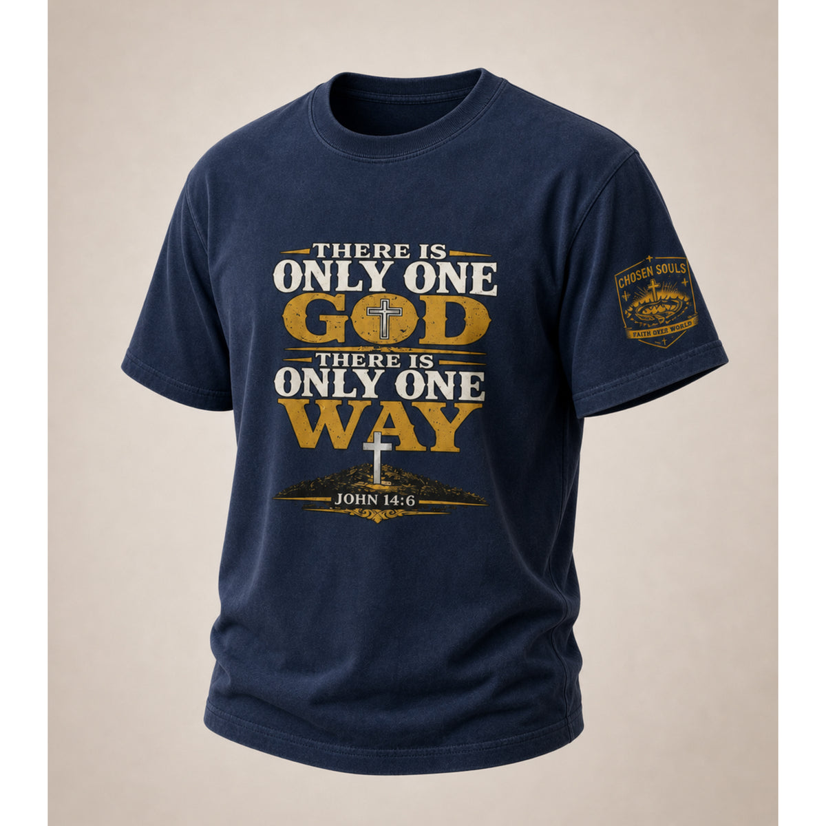 There Is Only One Way John 14:6 Christian apparel with vintage cross and mountain artwork