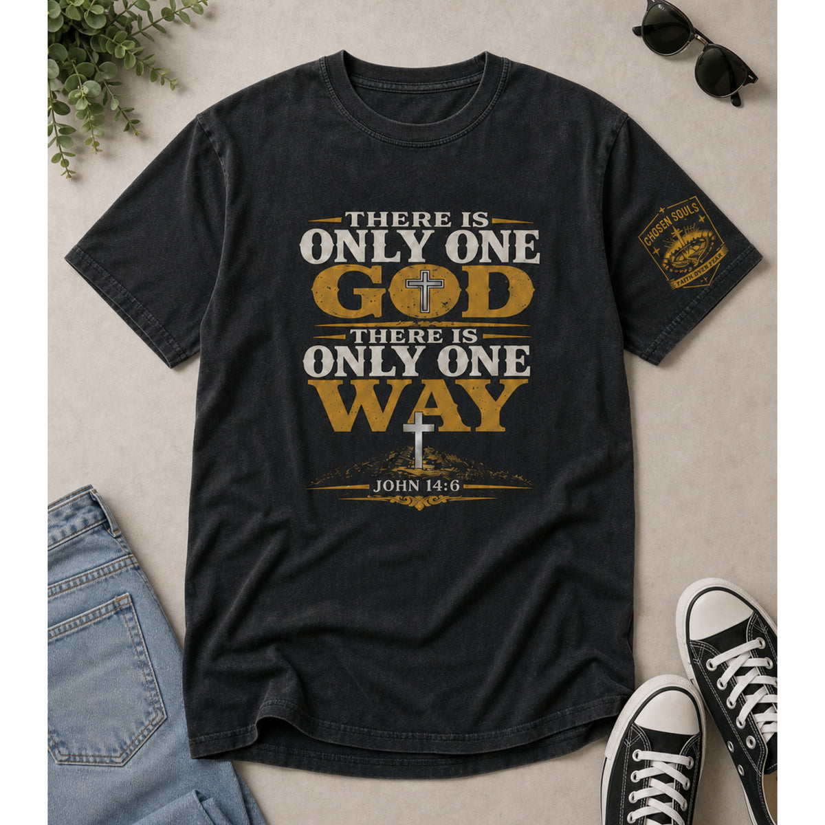 There Is Only One Way John 14:6 scripture T-shirt with cross and mountain scene