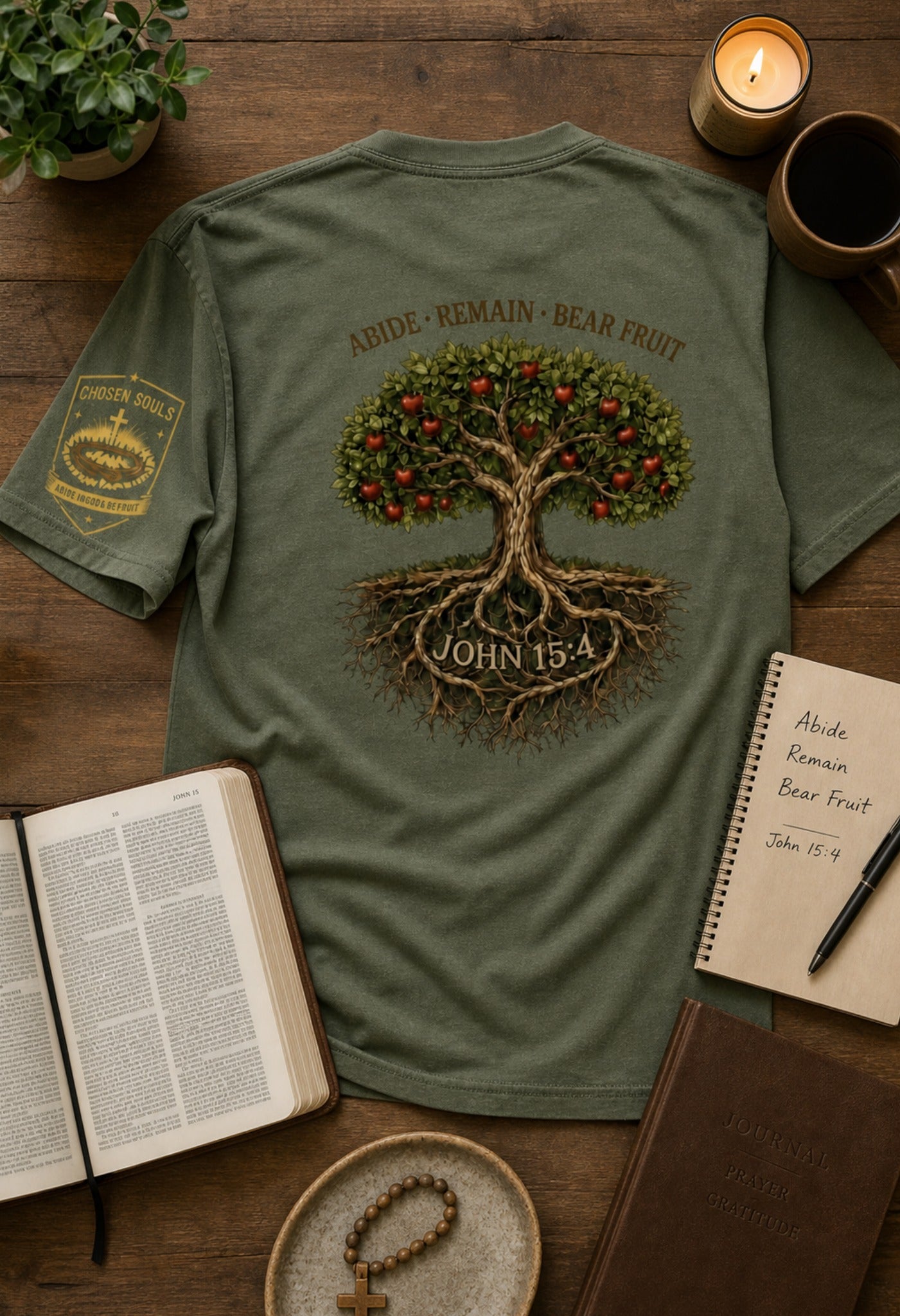 Abide Remain Bear Fruit John 15:4 Comfort Colors 1717 Moss Christian t-shirt premium flat lay