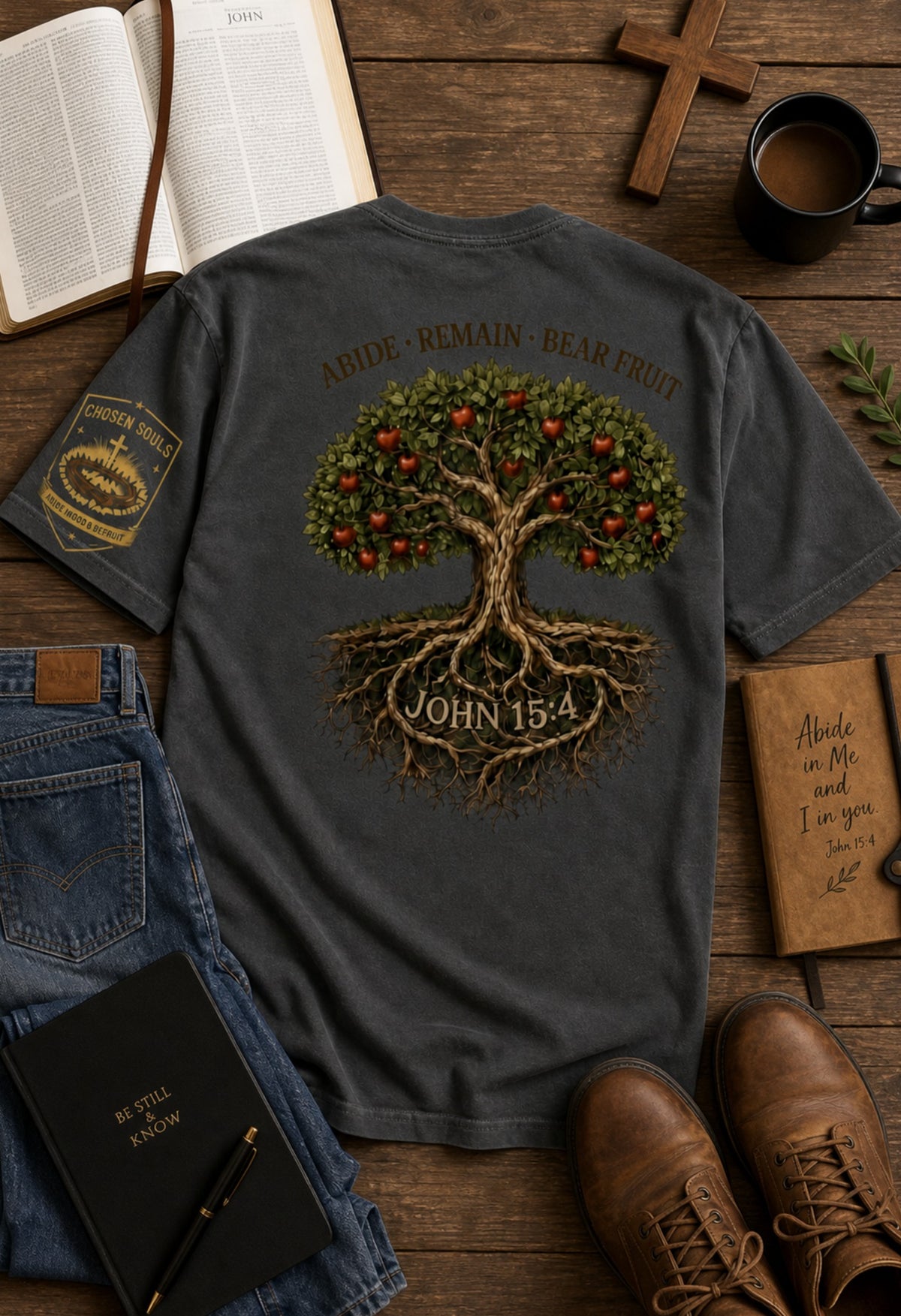 Abide Remain Bear Fruit John 15:4 Comfort Colors 1717 Pepper Christian t-shirt premium faith flat lay