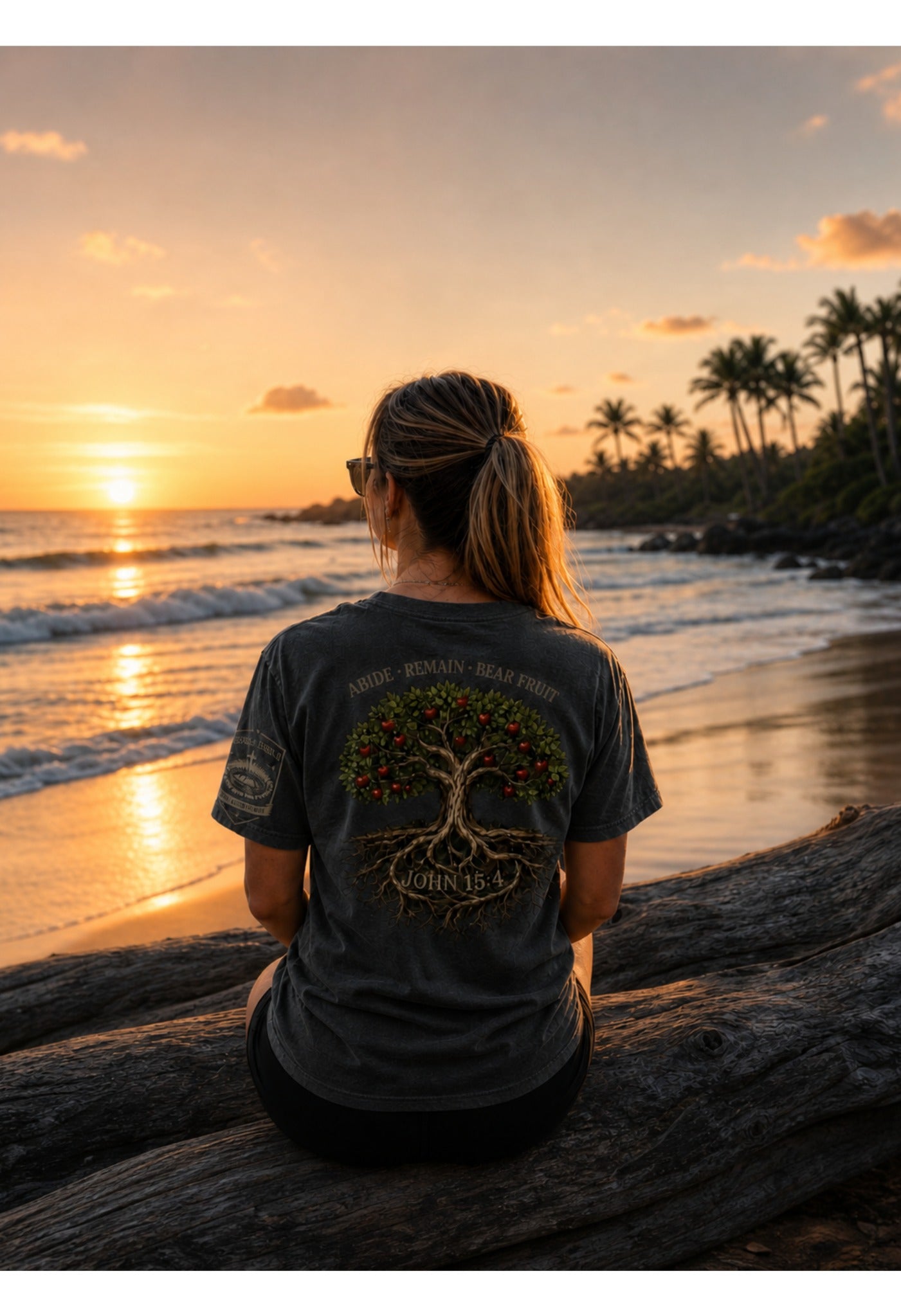 Woman wearing Abide Remain Bear Fruit John 15:4 Comfort Colors 1717 Pepper Christian t-shirt at sunset