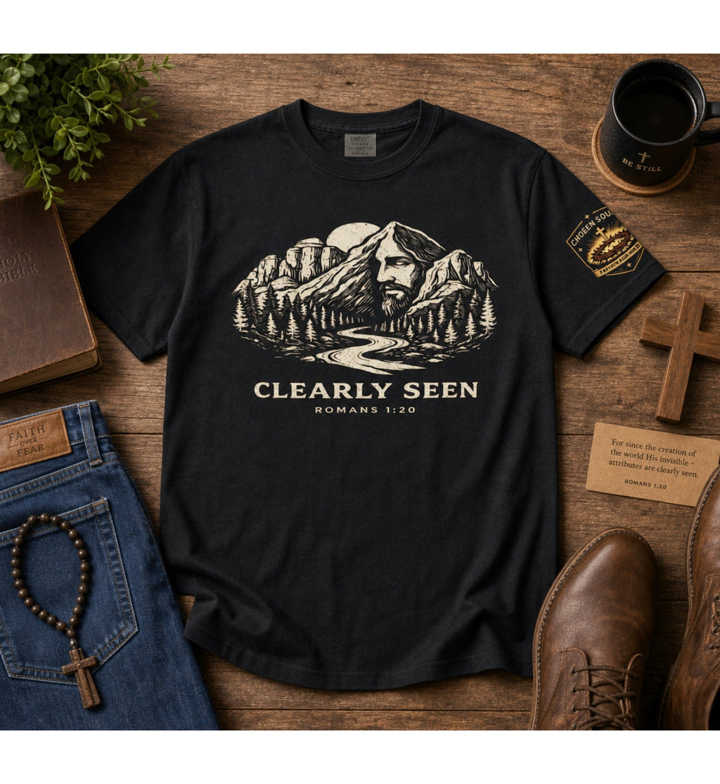 Clearly Seen Romans 1:20 Comfort Colors 1717 Black Christian t-shirt outdoor faith flat lay