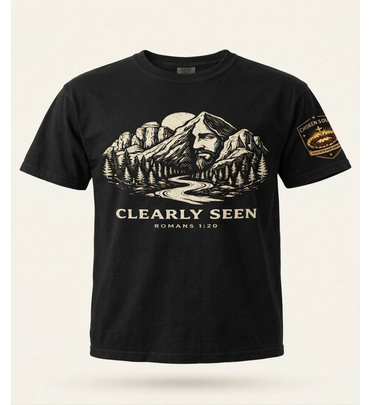 Clearly Seen Romans 1:20 Comfort Colors 1717 Black Christian t-shirt studio mockup