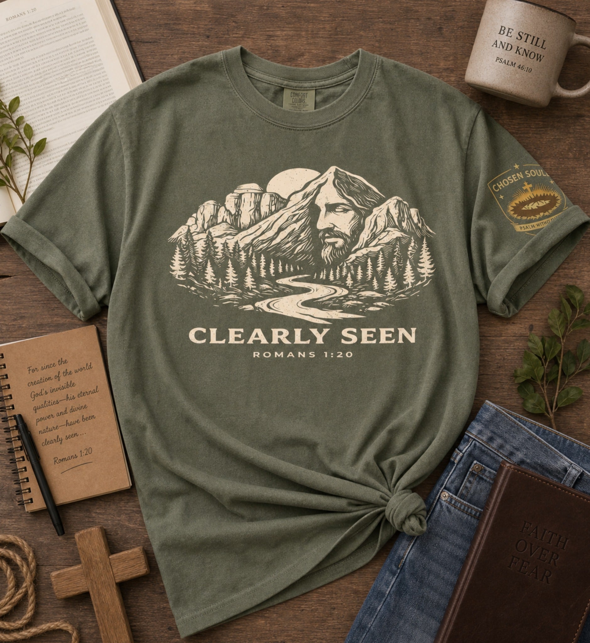 Clearly Seen Romans 1:20 Comfort Colors 1717 Moss Christian t-shirt faith-inspired flat lay