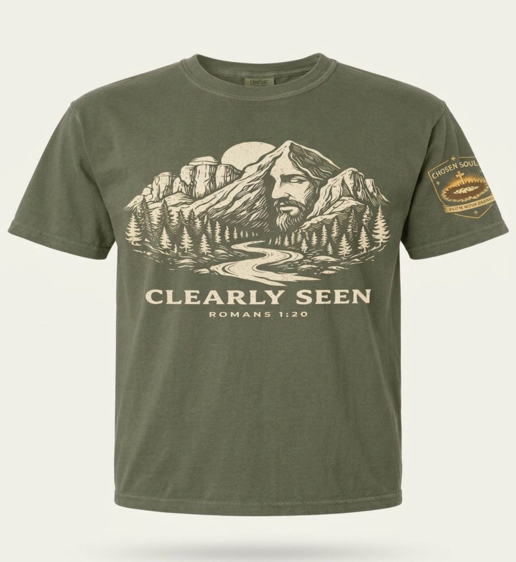 Clearly Seen Romans 1:20 Comfort Colors 1717 Moss Christian t-shirt studio mockup