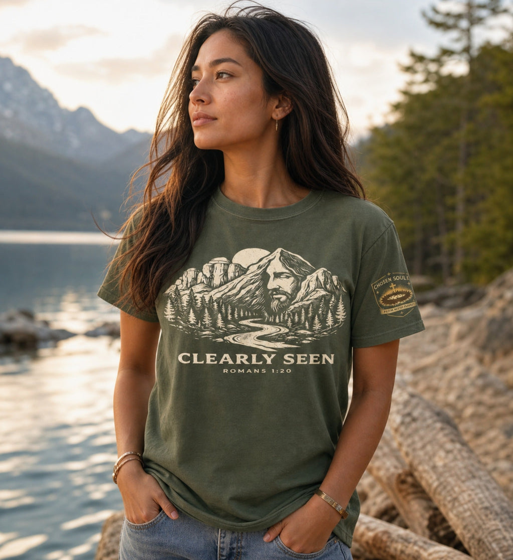 Woman wearing Clearly Seen Romans 1:20 Comfort Colors 1717 Moss Christian t-shirt by a mountain lake