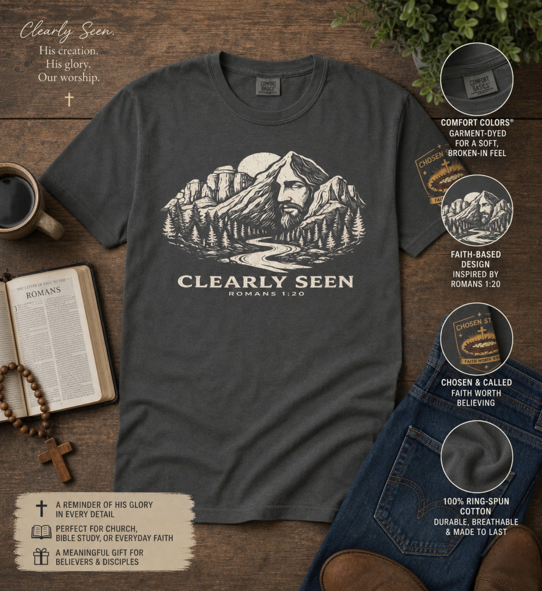 Clearly Seen Romans 1:20 Comfort Colors 1717 Pepper Christian t-shirt detail flat lay with faith-based design features