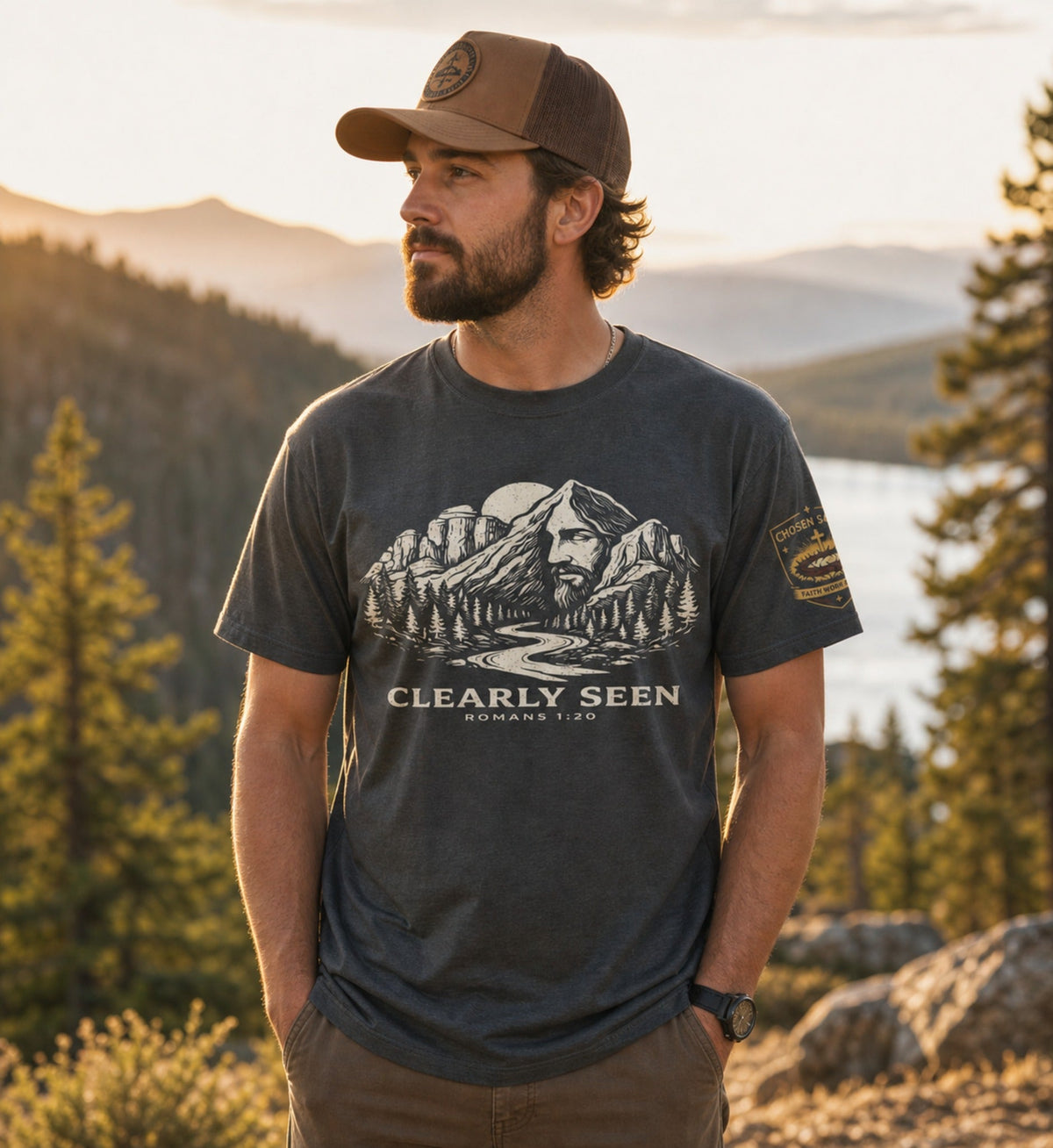 Man wearing Clearly Seen Romans 1:20 Comfort Colors 1717 Pepper Christian t-shirt outdoors