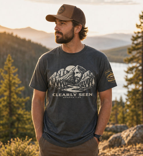 Man wearing Clearly Seen Romans 1:20 Comfort Colors 1717 Pepper Christian t-shirt outdoors