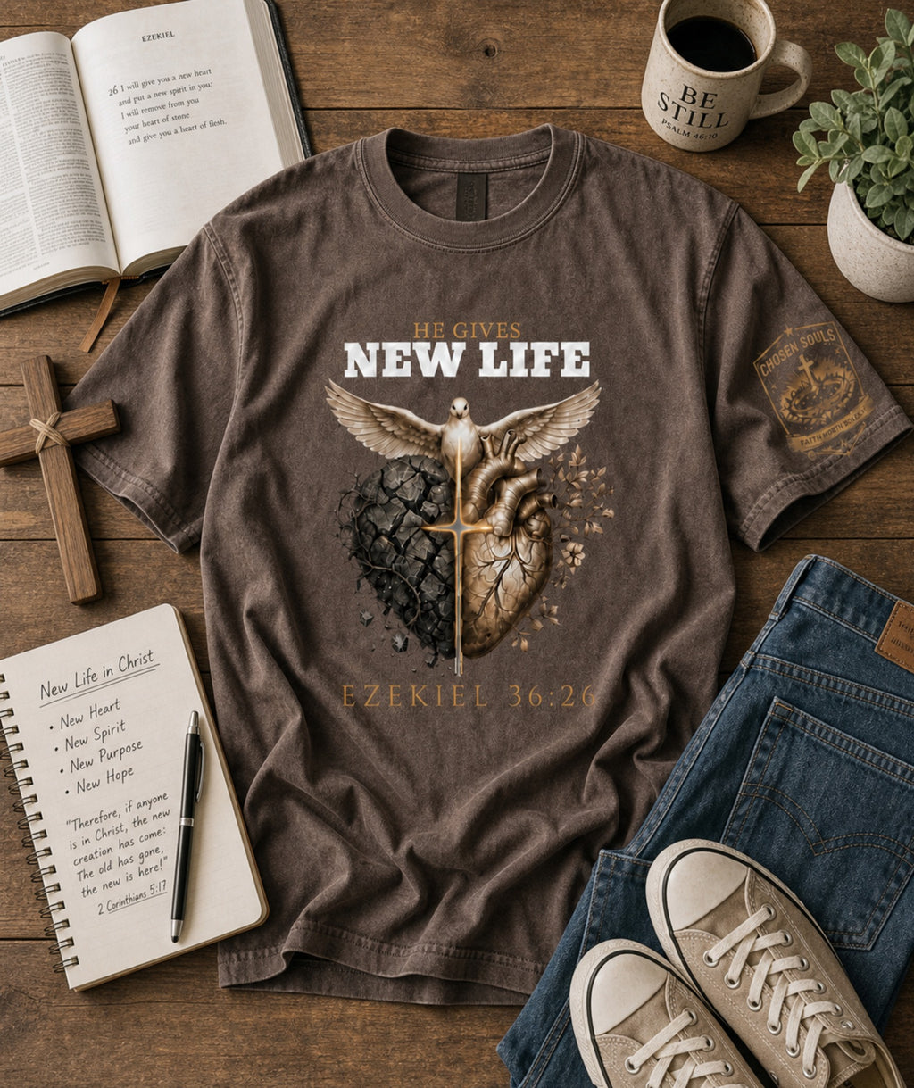 He Gives New Life Ezekiel 36:26 Comfort Colors 1717 Espresso Christian t-shirt flat lay