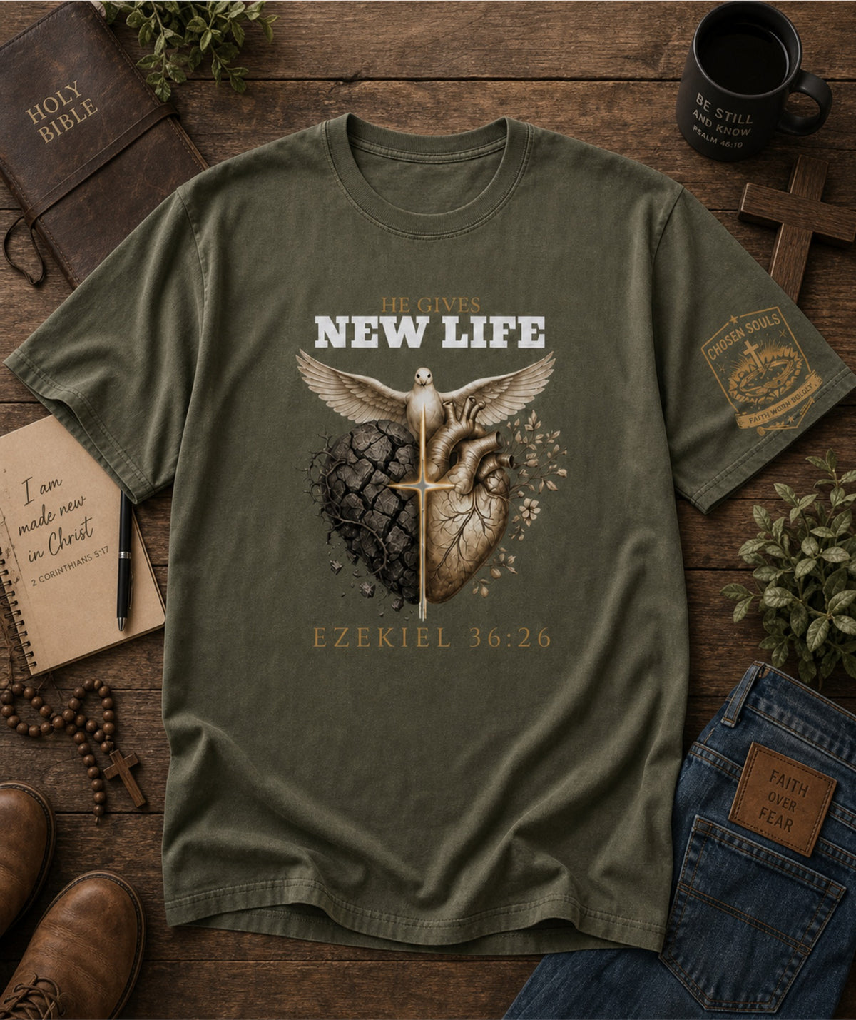 He Gives New Life Ezekiel 36:26 Comfort Colors 1717 Moss Christian t-shirt flat lay