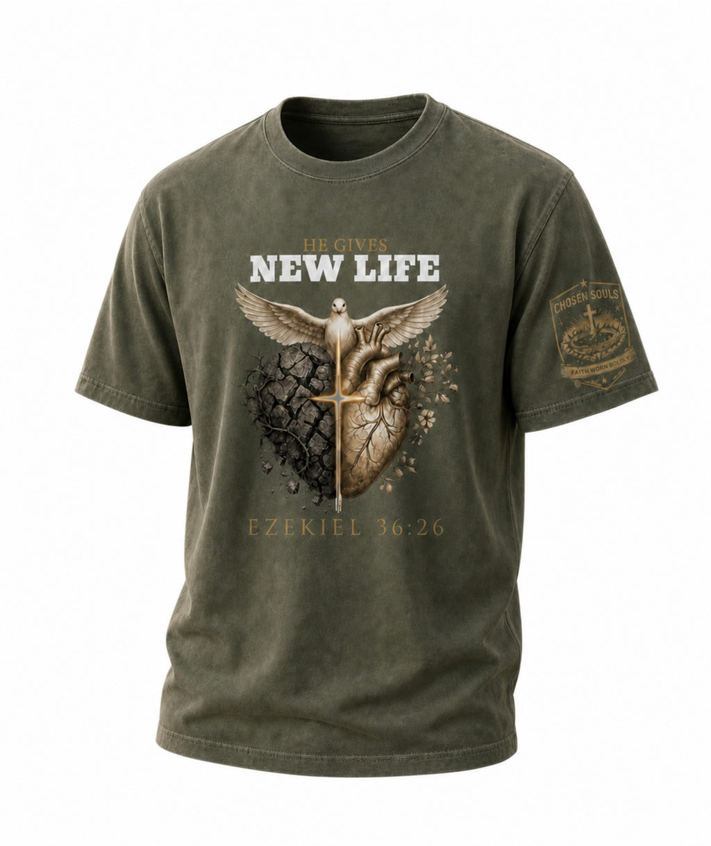 He Gives New Life Ezekiel 36:26 Comfort Colors 1717 Moss Christian t-shirt studio mockup