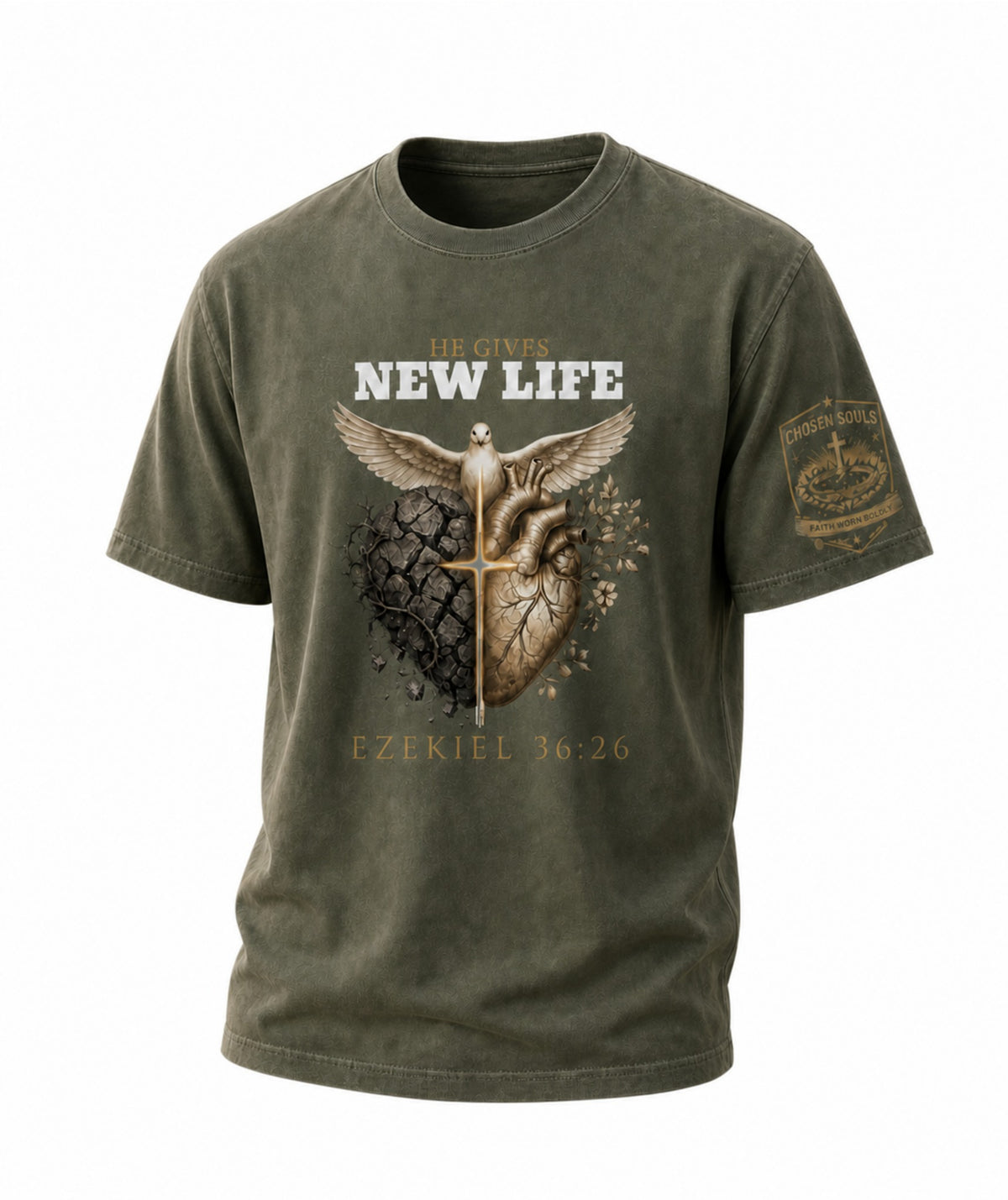 He Gives New Life Ezekiel 36:26 Comfort Colors 1717 Moss Christian t-shirt studio mockup