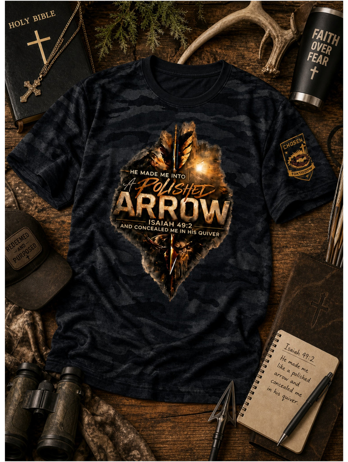 A Polished Arrow Isaiah 49:2 Black Camo Christian bowhunting t-shirt outdoor flat lay