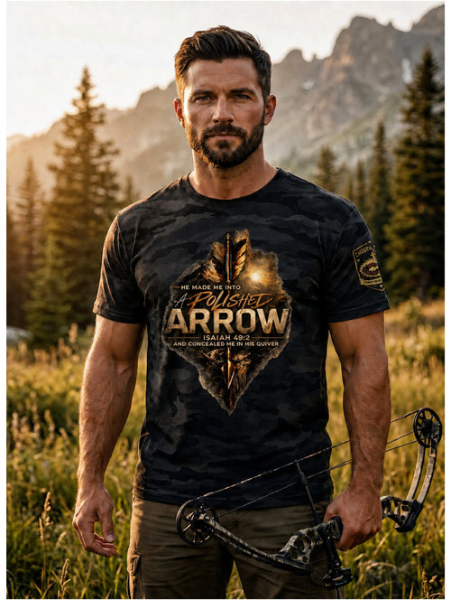 Man wearing A Polished Arrow Isaiah 49:2 Black Camo Christian bowhunting t-shirt outdoors
