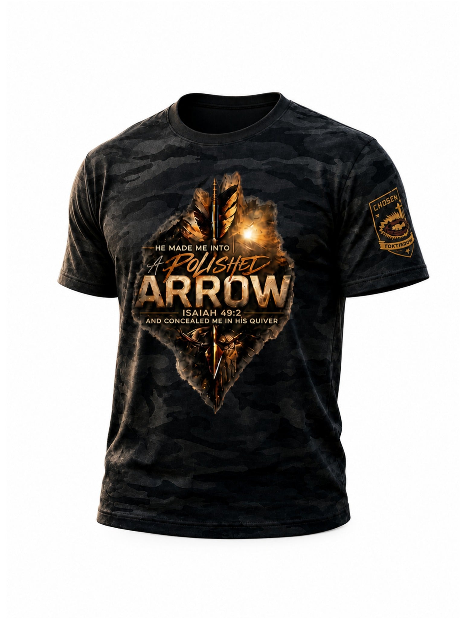 A Polished Arrow Isaiah 49:2 Black Camo Christian t-shirt studio mockup
