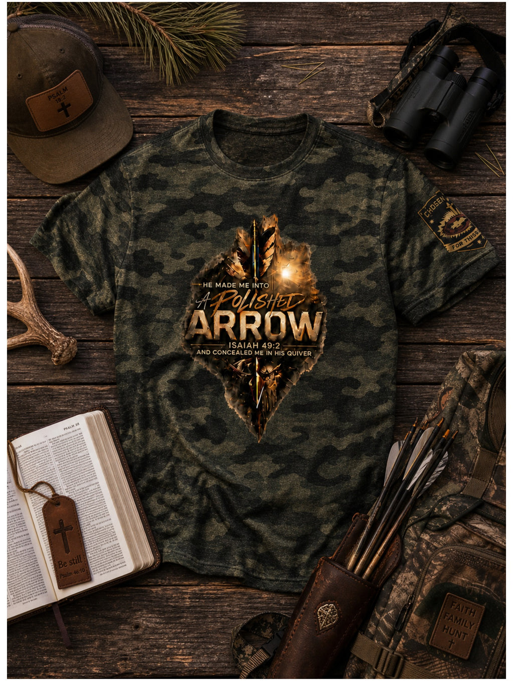 A Polished Arrow Isaiah 49:2 Forest Camo Christian bowhunting t-shirt outdoor flat lay