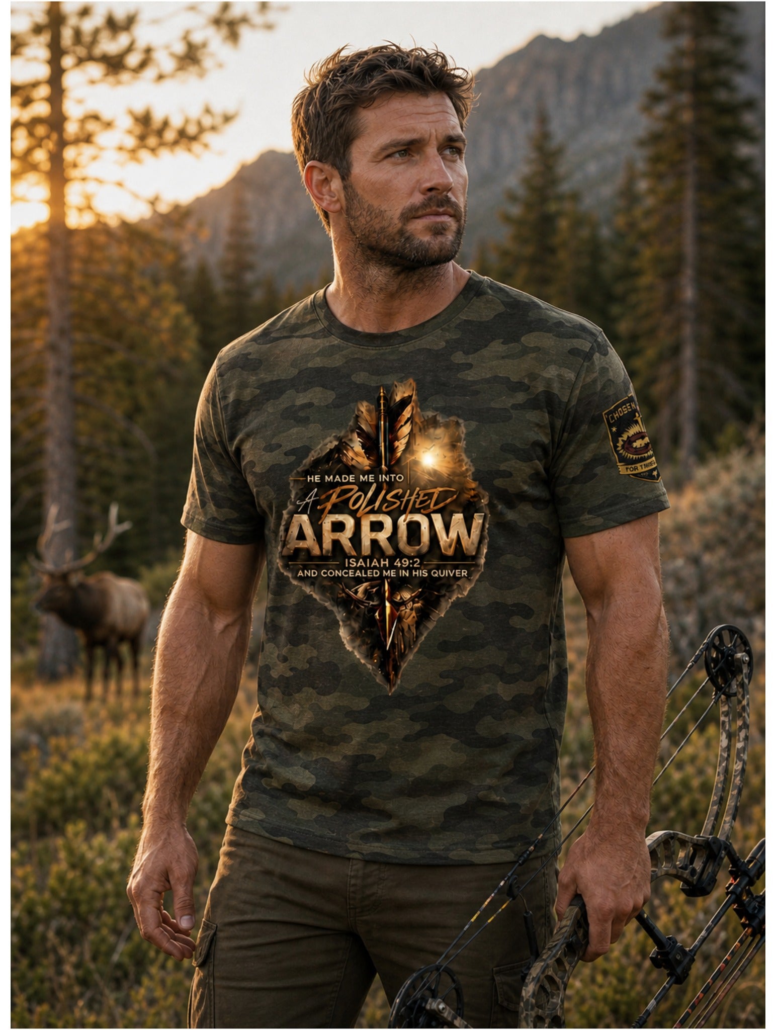 Man wearing A Polished Arrow Isaiah 49:2 Forest Camo Christian bowhunting t-shirt outdoors