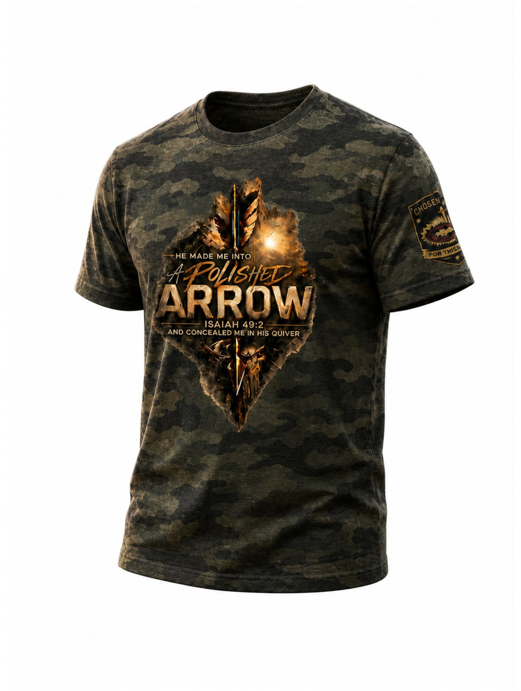 A Polished Arrow Isaiah 49:2 Forest Camo Christian t-shirt studio mockup