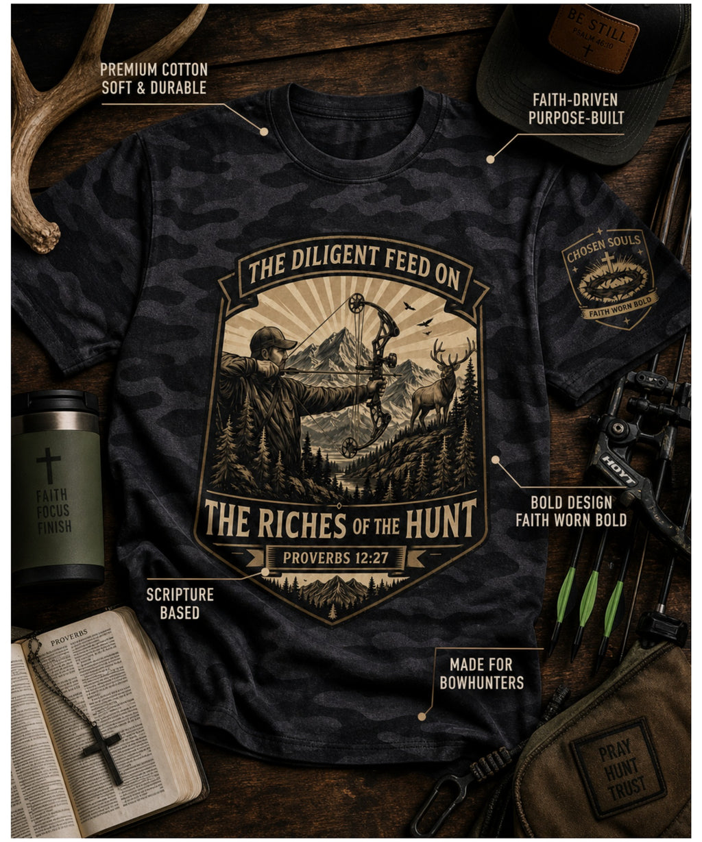 The Riches of the Hunt Proverbs 12:27 Black Camo Christian bowhunting t-shirt product feature