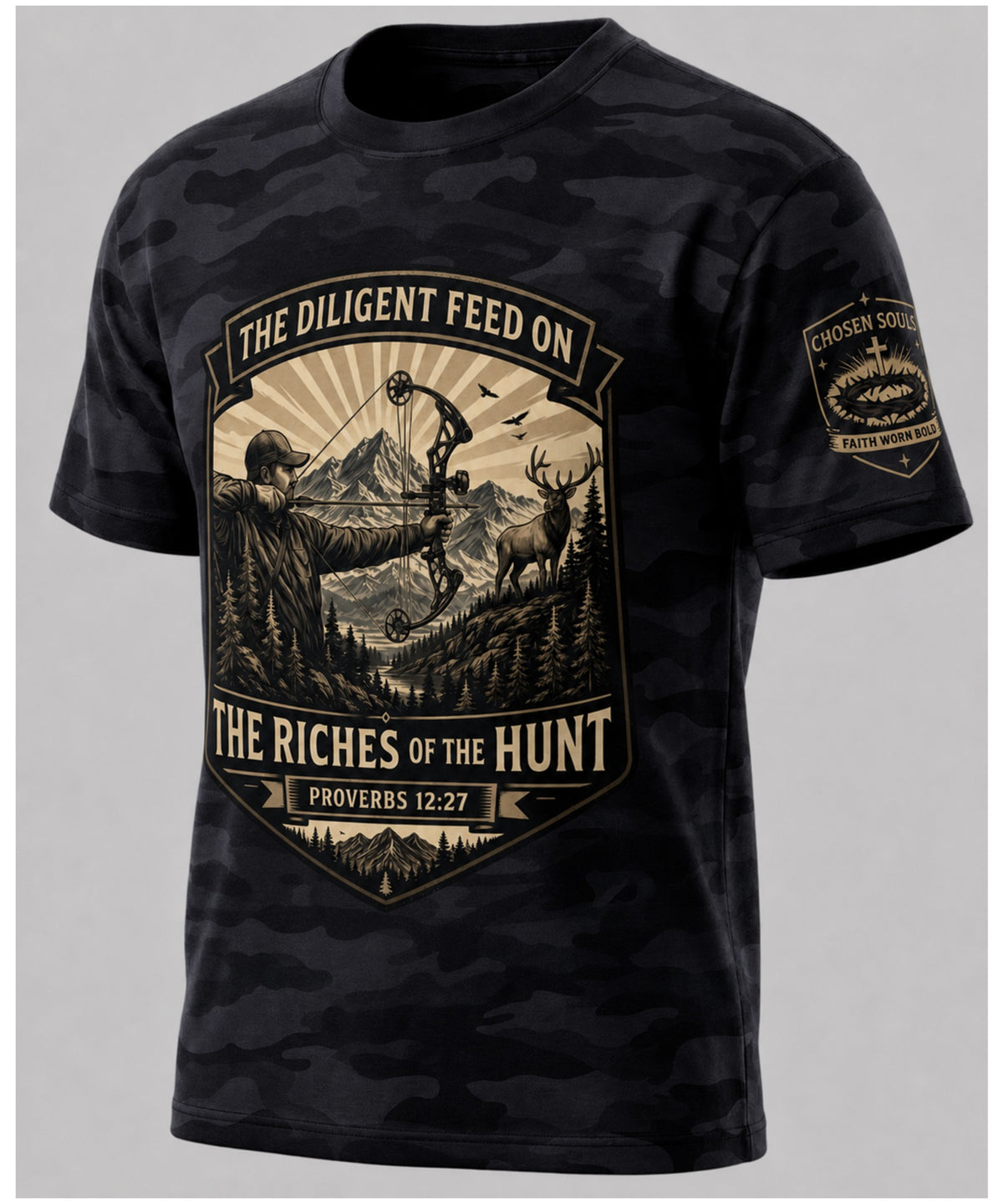 The Riches of the Hunt Proverbs 12:27 Black Camo Christian bowhunting t-shirt studio mockup