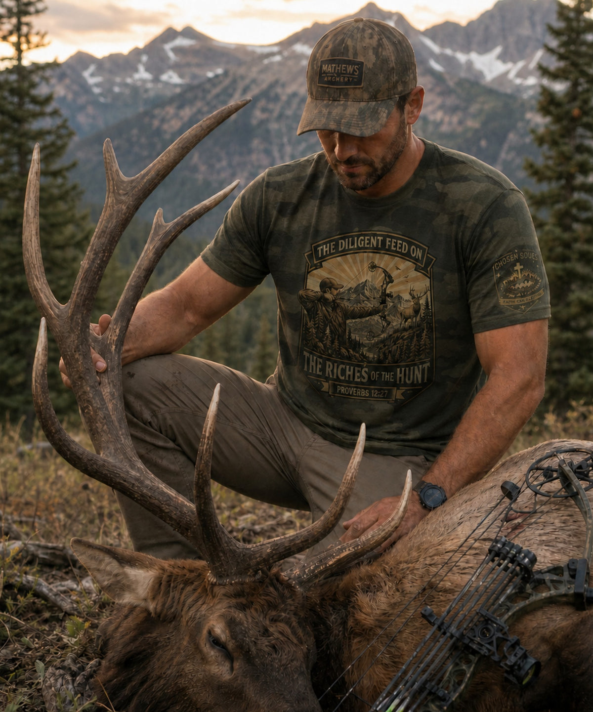 Hunter wearing The Riches of the Hunt Proverbs 12:27 Forest Camo Christian bowhunting t-shirt with elk