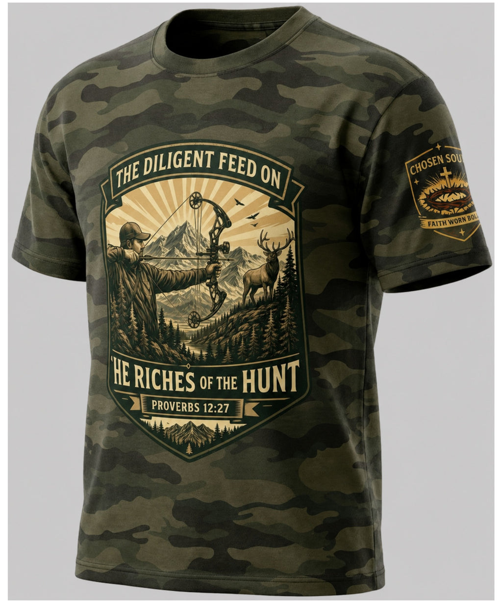 The Riches of the Hunt Proverbs 12:27 Forest Camo Christian bowhunting t-shirt studio mockup
