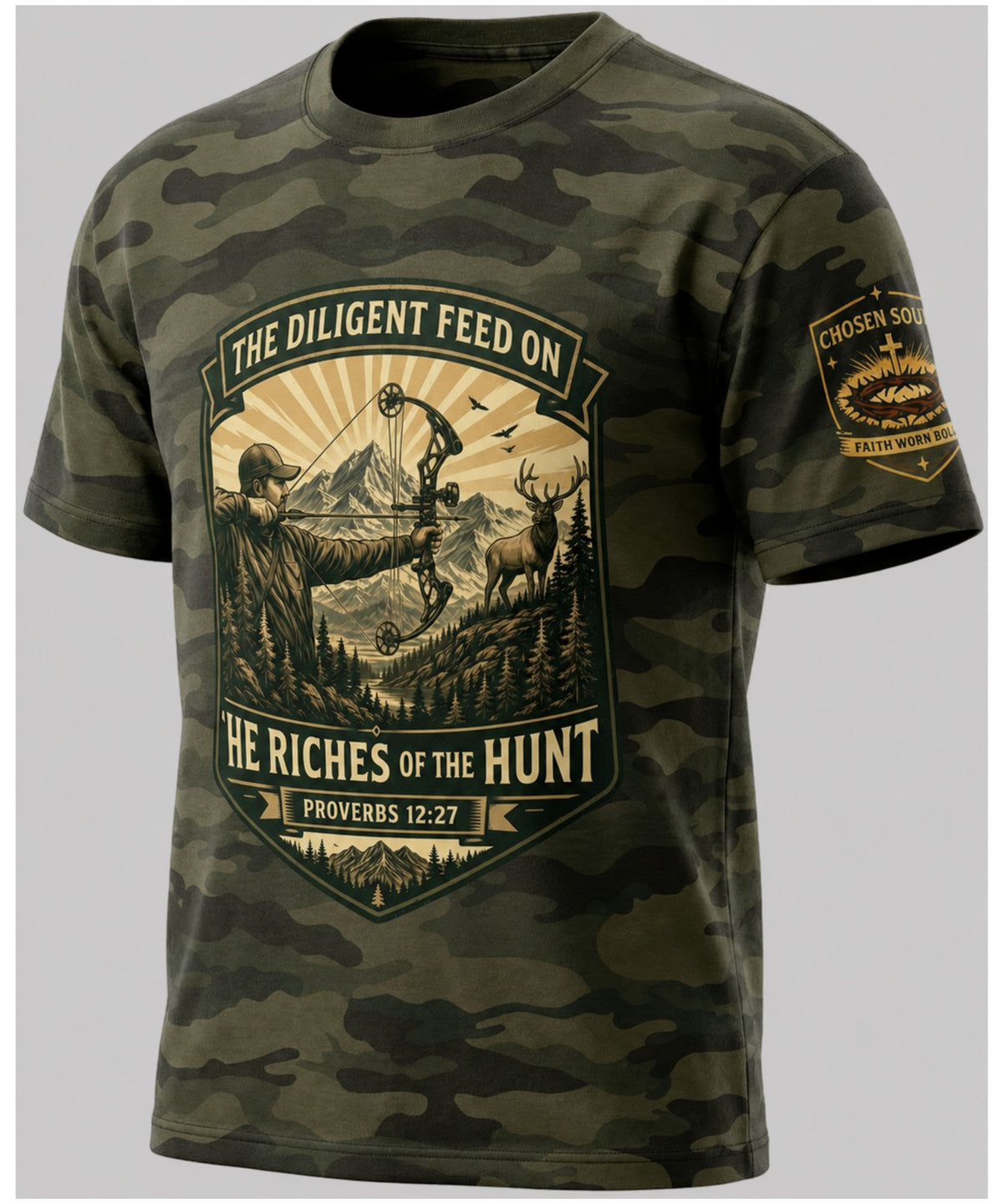 The Riches of the Hunt Proverbs 12:27 Forest Camo Christian bowhunting t-shirt studio mockup